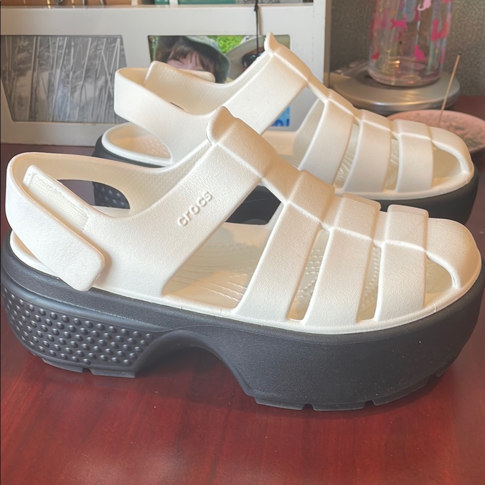 CROCS White and Black Platform Sandals